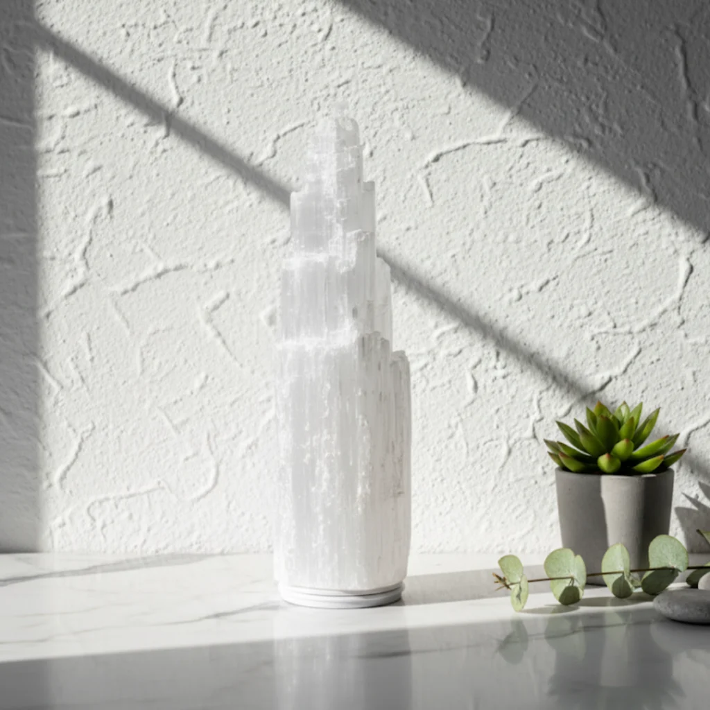 Tour sélénite lumineuse Gemska, lampe cristal naturelle pour salon zen.