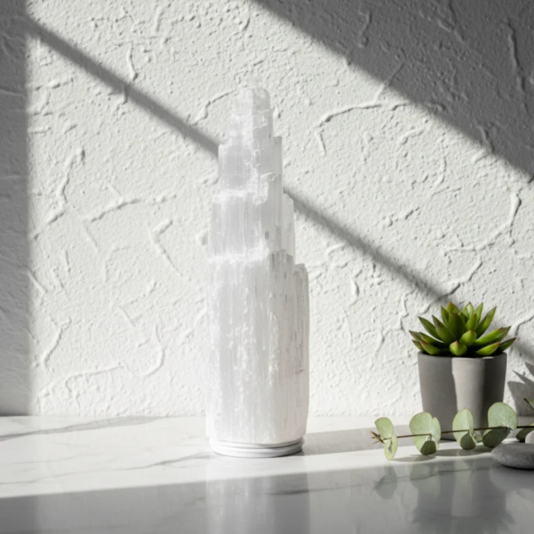 Tour sélénite lumineuse Gemska, lampe cristal naturelle pour salon zen.
