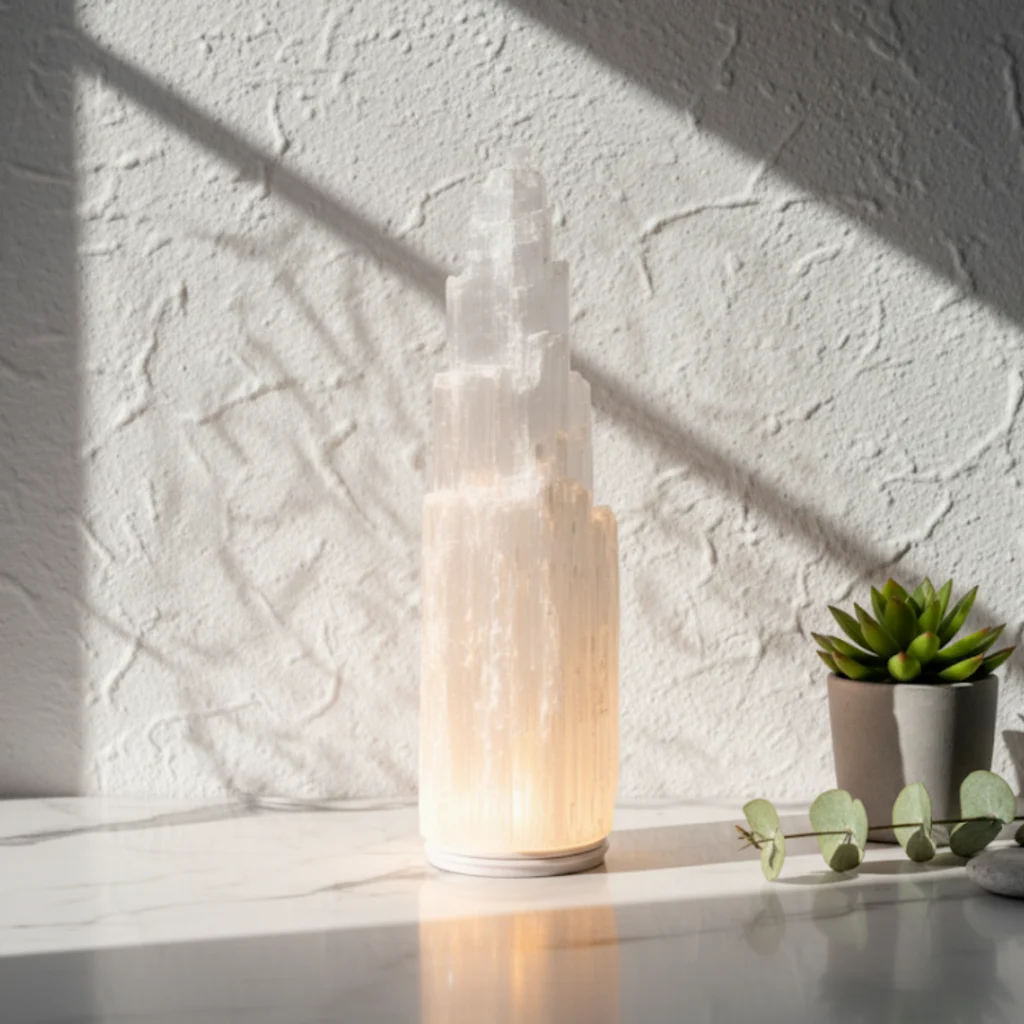 Tour sélénite lumineuse Gemska, lampe cristal naturelle pour salon zen.