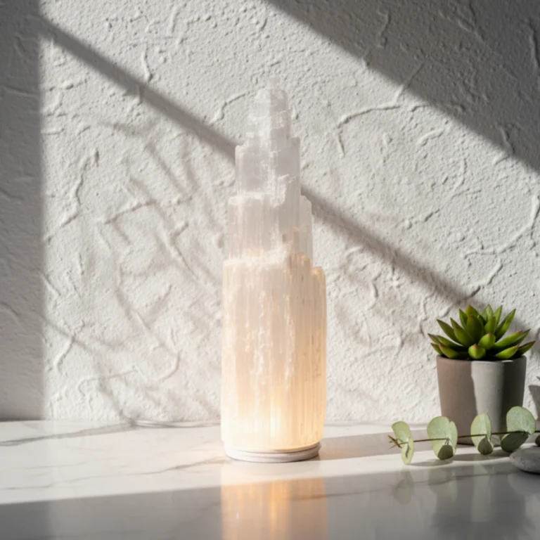 Tour sélénite lumineuse Gemska, lampe cristal naturelle pour salon zen.