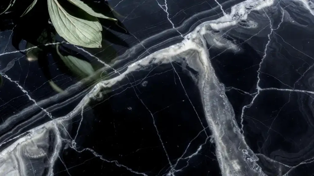 Détail d'onyx noir profond Gemska avec veinage blanc complexe et feuille verte, texture minérale haut de gamme.