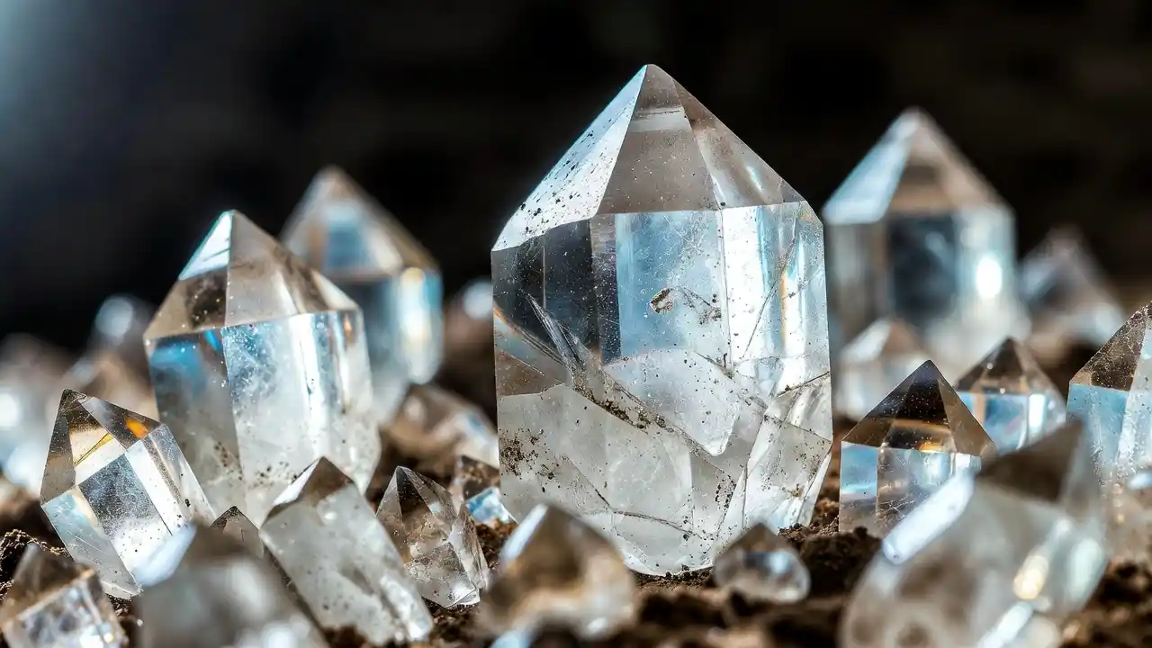 Pointes de cristal de quartz brut émergeant de la terre, minéraux naturels authentiques pour décoration énergétique Gemska