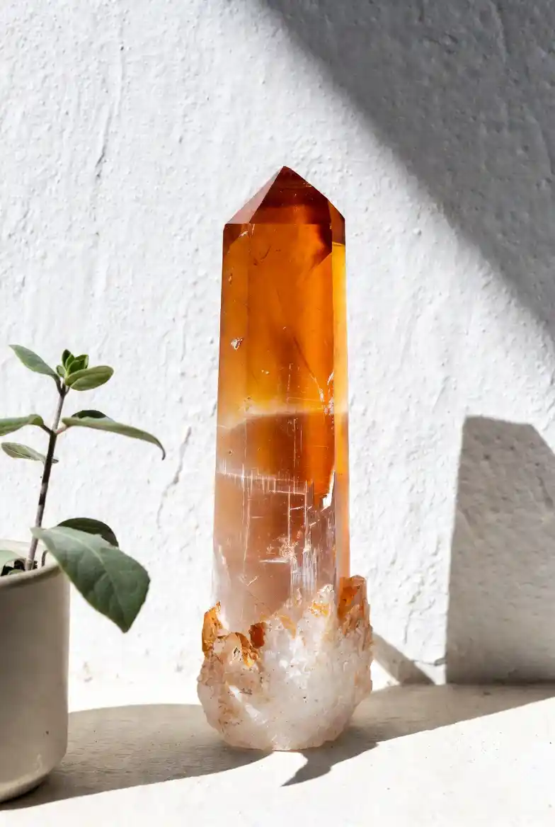Tour en sélénite orange de l'Atlas par Gemska, tour de cristal ambré décorative sur marbre clair avec petite plante verte.