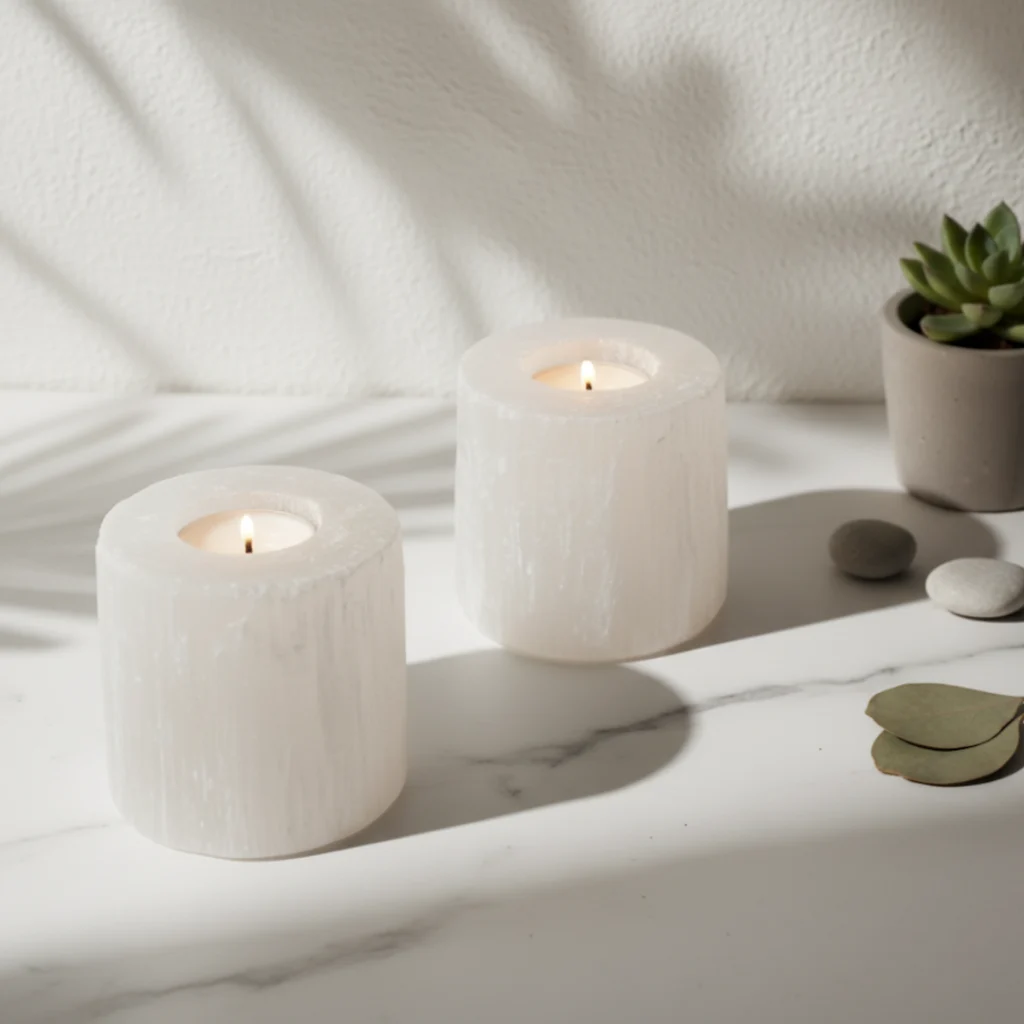 Bougeoir sélénite blanche cylindrique Gemska, cristal naturel sur marbre clair.