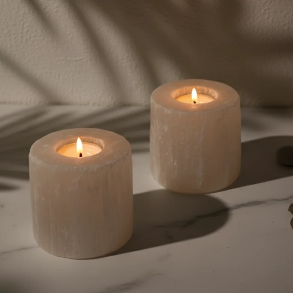 Bougeoir sélénite blanche cylindrique Gemska, cristal naturel sur marbre clair.