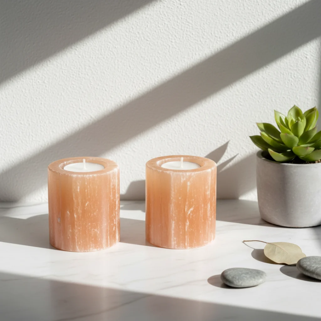 Bougeoir sélénite orange cylindrique Gemska, cristal naturel sur marbre clair.