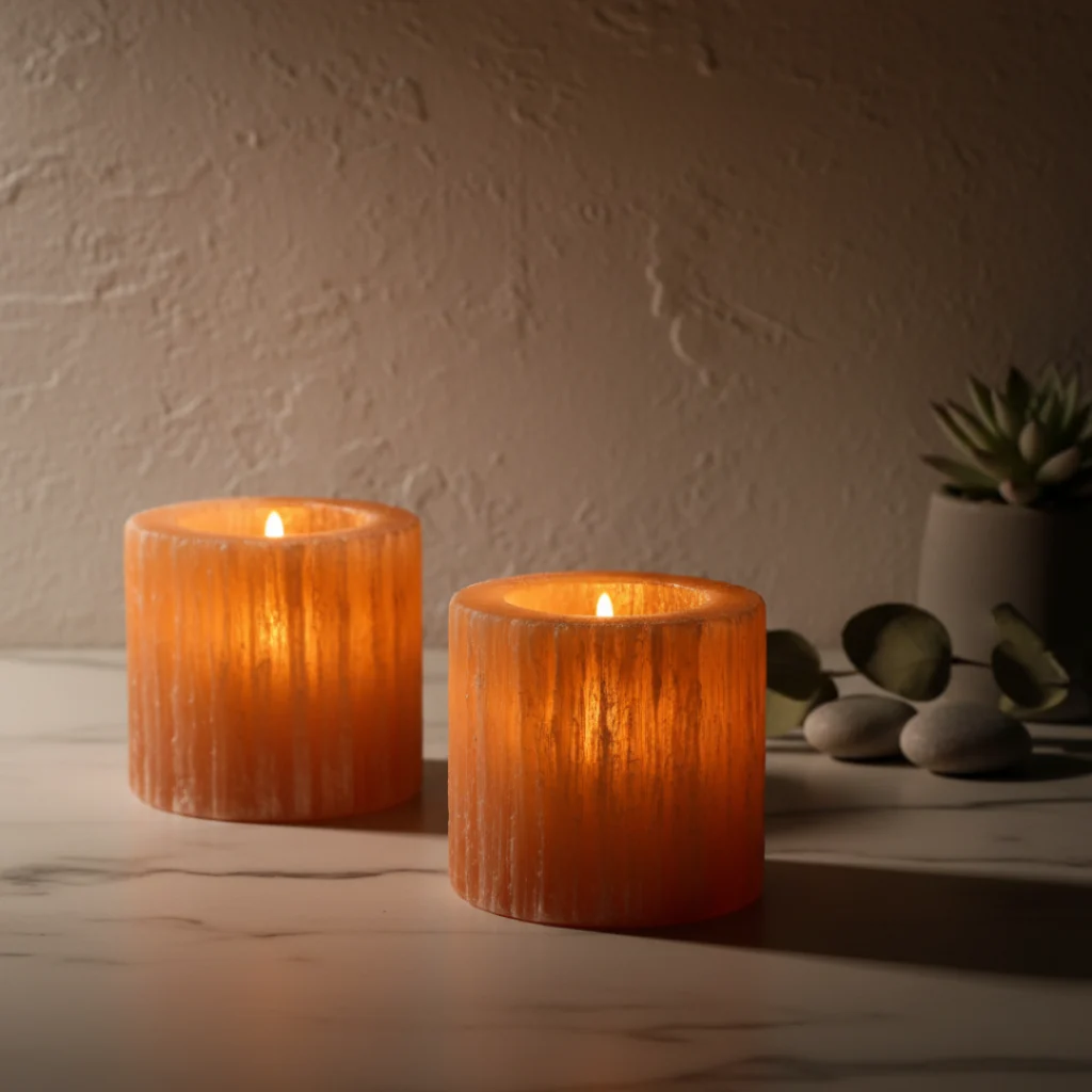 Bougeoir sélénite orange cylindrique Gemska, cristal naturel sur marbre clair.