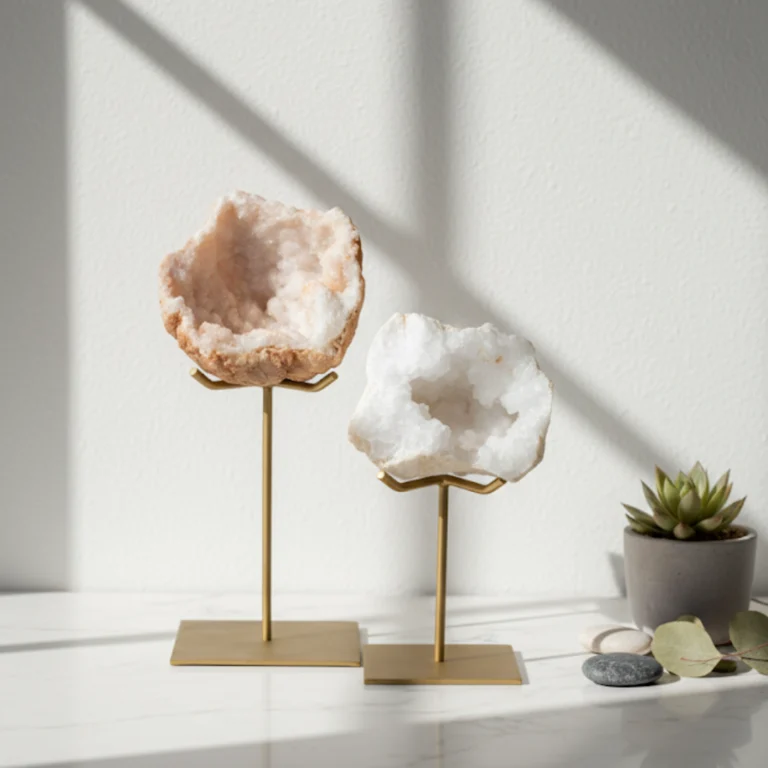 Géode cristal sur socle doré Gemska, pièce de collection minérale luxe.