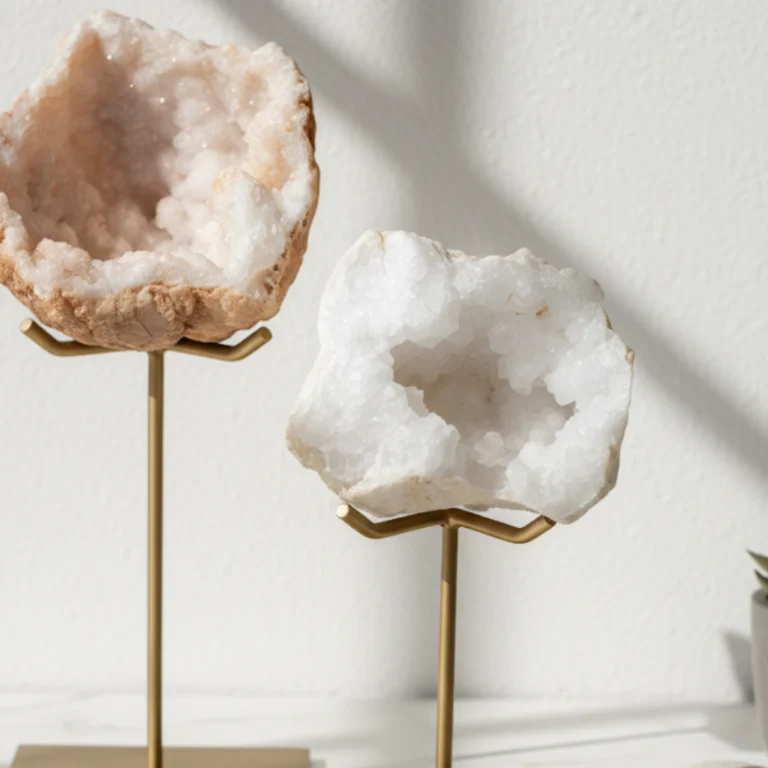 Géode cristal sur socle doré Gemska, pièce de collection minérale luxe.