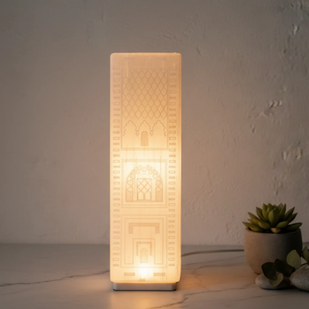 Lampe sélénite Hassan Gemska, gravures artisanales marocaines, luminaire de luxe pour salon marocain moderne.