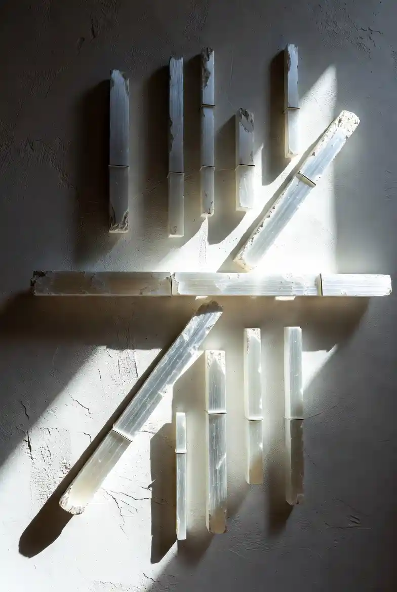Barres de sélénite brute Gemska disposées de façon géométrique sur mur texturé, jeu d'ombres et lumière naturelle.