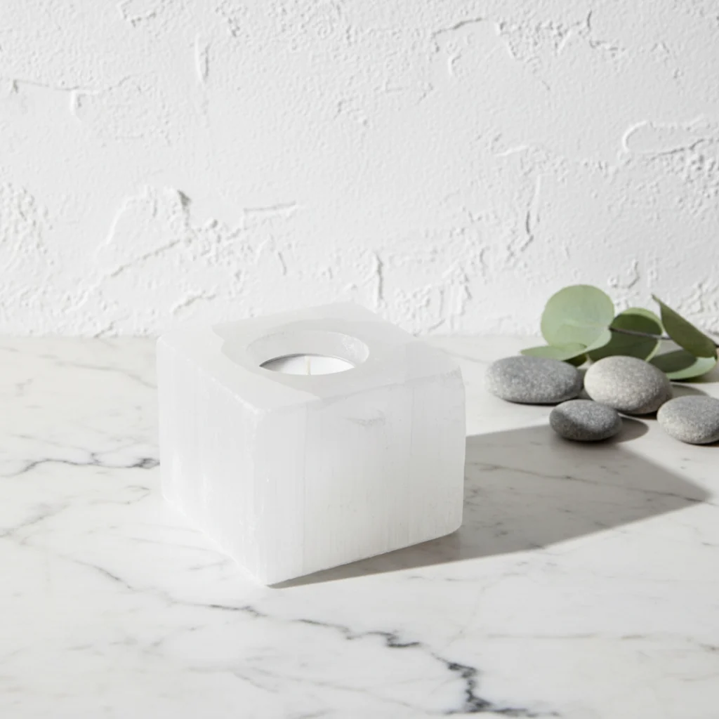 Gemska porte-bougie sélénite blanche, décoration zen et idée cadeau luxe Maroc.