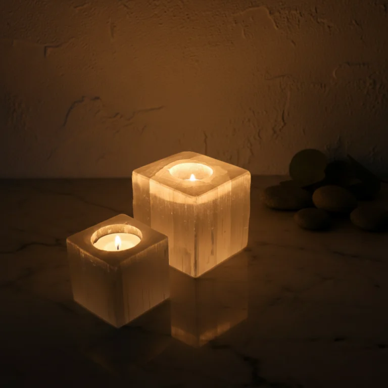 Gemska porte-bougie sélénite blanche, décoration zen et idée cadeau luxe Maroc.