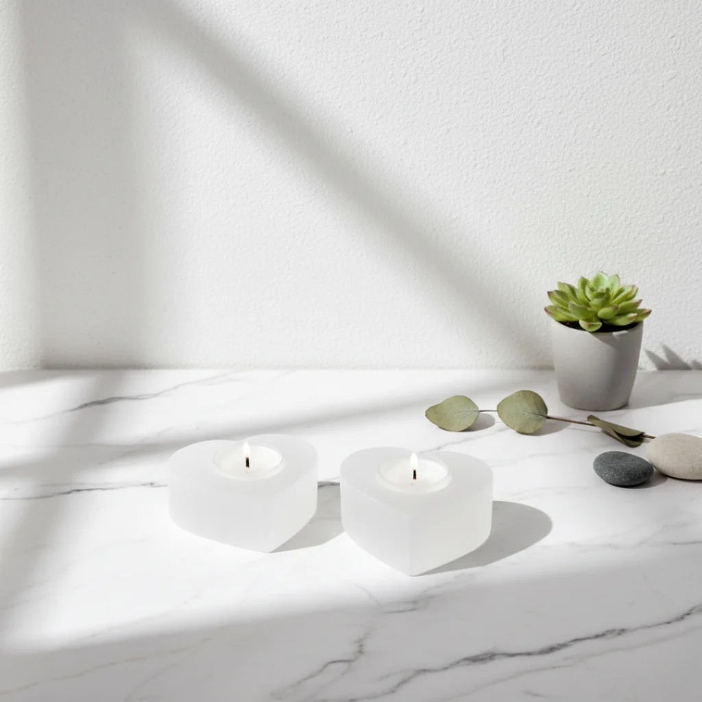 Gemska porte-bougie sélénite blanche, décoration zen et idée cadeau luxe Maroc.