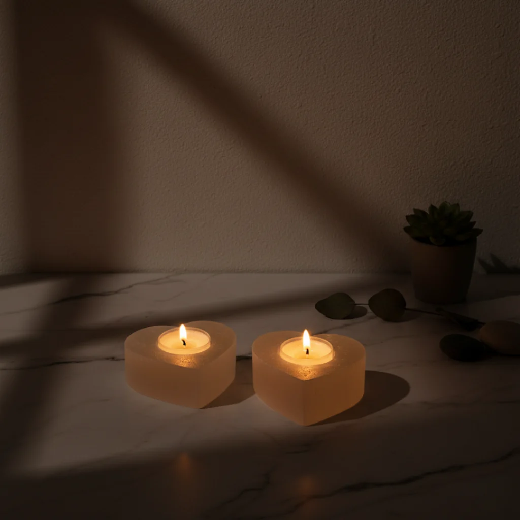 Gemska porte-bougie sélénite blanche, décoration zen et idée cadeau luxe Maroc.