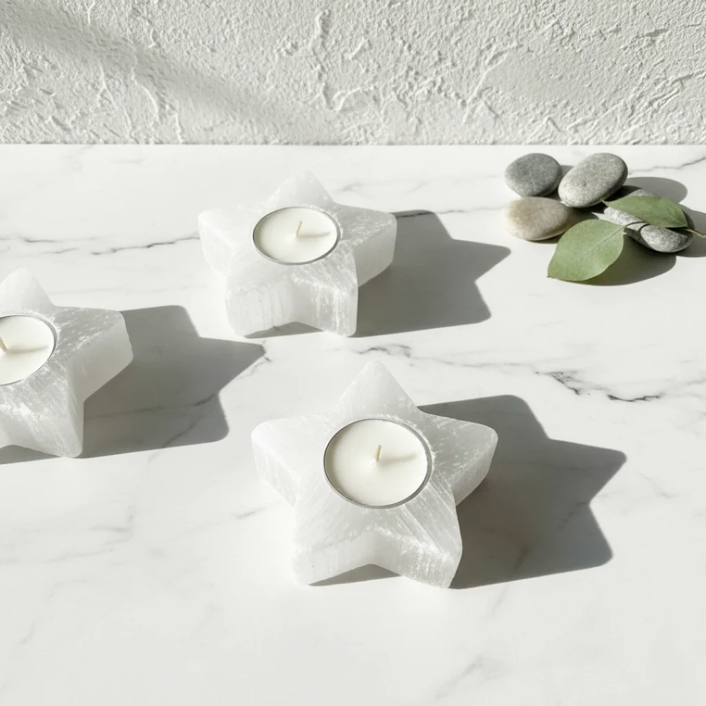 Gemska Moroccan selenite star-shaped candle holder on white marble, minimalist zen home decor.