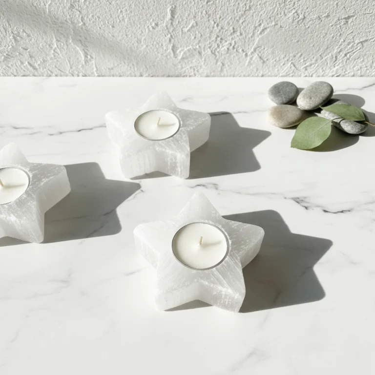 Gemska Moroccan selenite star-shaped candle holder on white marble, minimalist zen home decor.