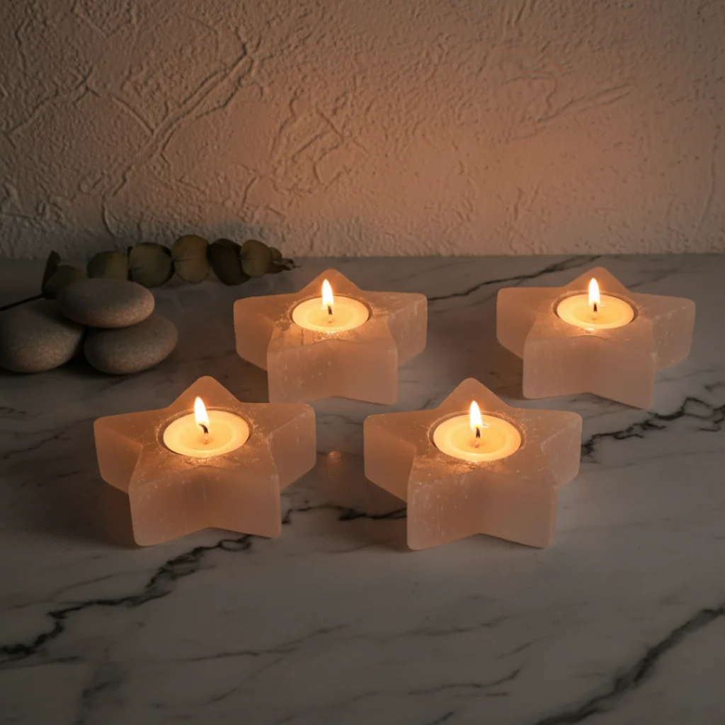 Gemska Moroccan selenite star-shaped candle holder on white marble, minimalist zen home decor.