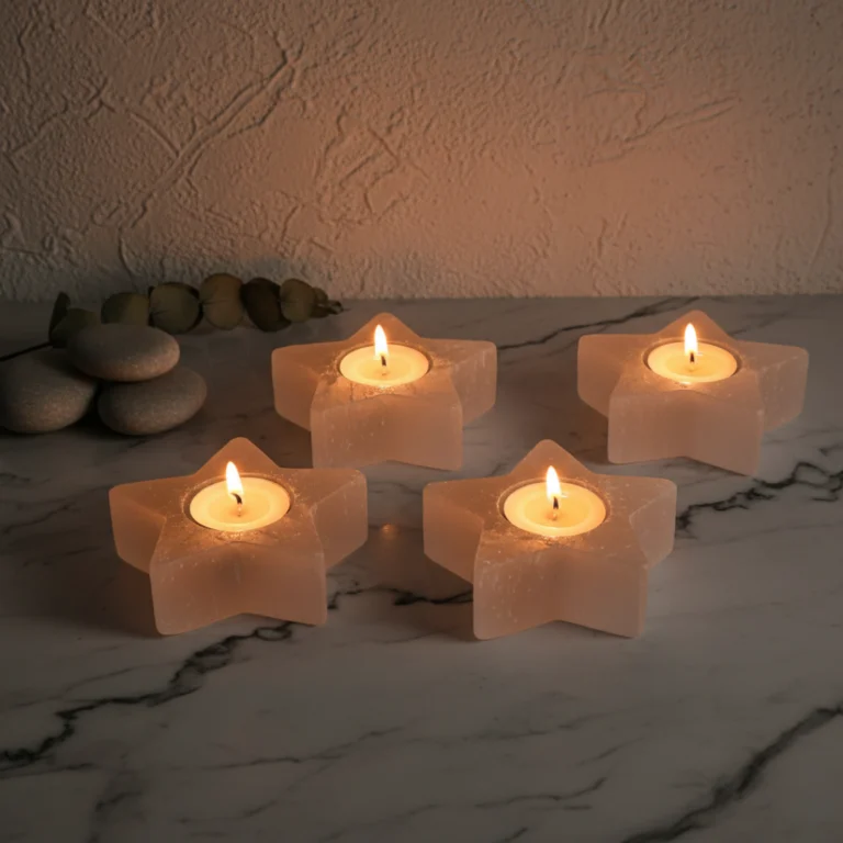 Gemska Moroccan selenite star-shaped candle holder on white marble, minimalist zen home decor.
