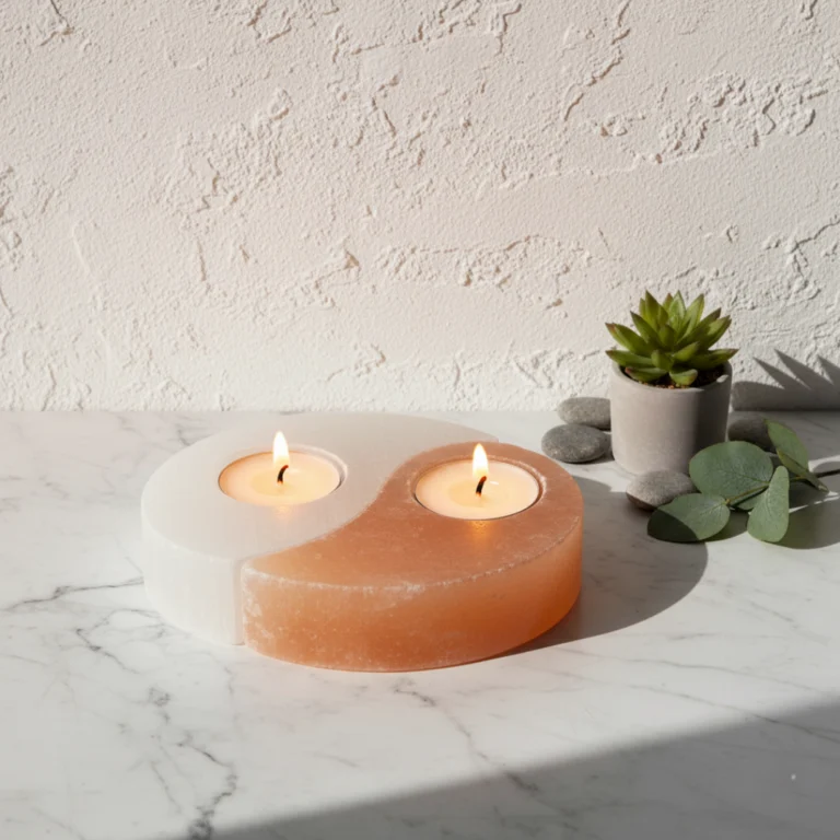 Gemska Moroccan selenite ying-yang candle holder on white marble, minimalist zen home decor.