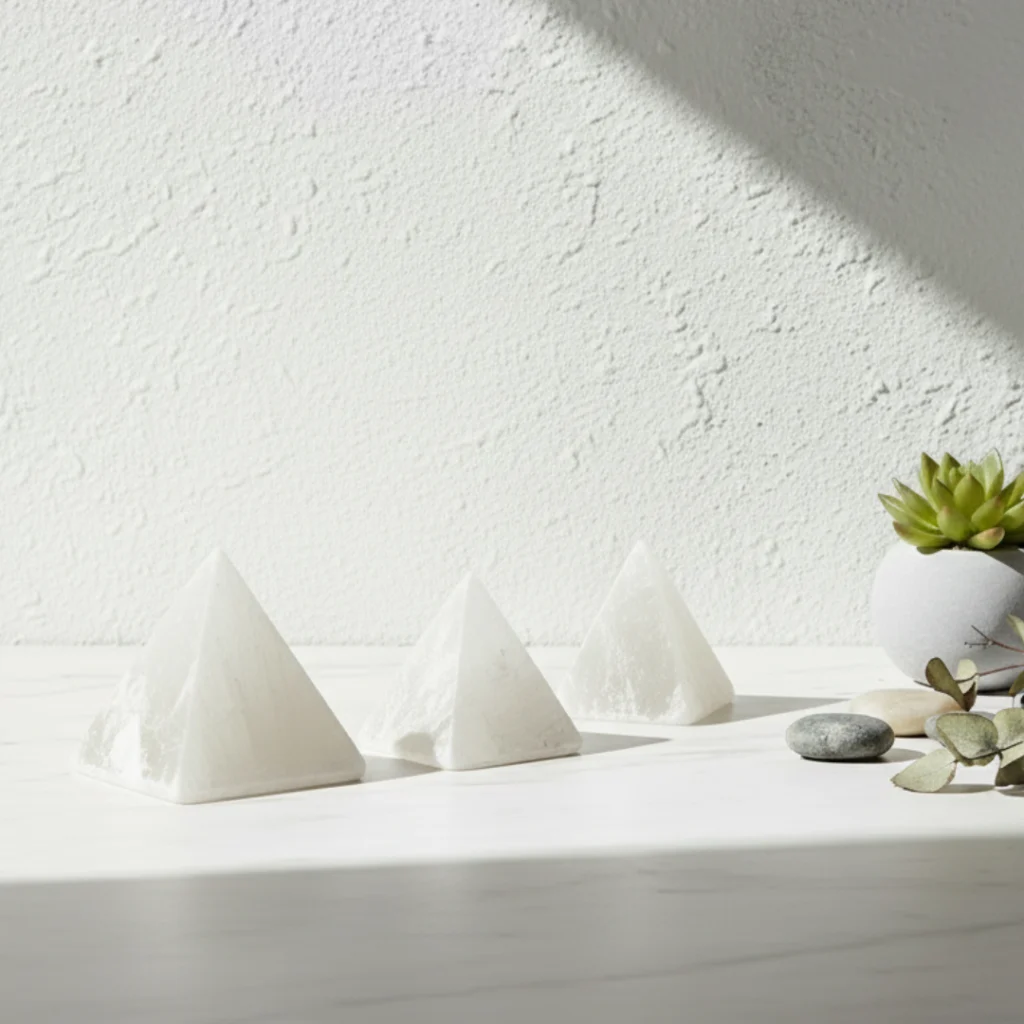 Pyramide sélénite Gemska, objet d'énergie positive pour bureau minimaliste.