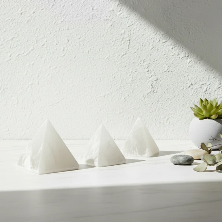 Pyramide sélénite Gemska, objet d'énergie positive pour bureau minimaliste.