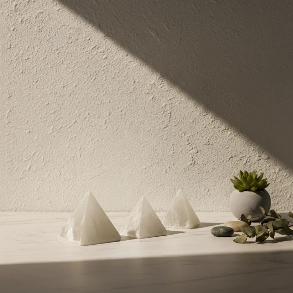 Pyramide sélénite Gemska, objet d'énergie positive pour bureau minimaliste.