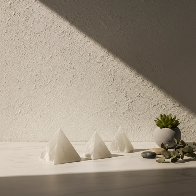 Pyramide sélénite Gemska, objet d'énergie positive pour bureau minimaliste.