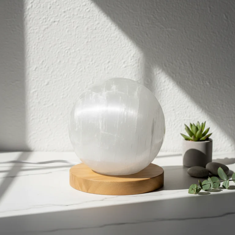 Lampe Sélénite Sphère Gemska, accessoire bien-être en pierre naturelle.