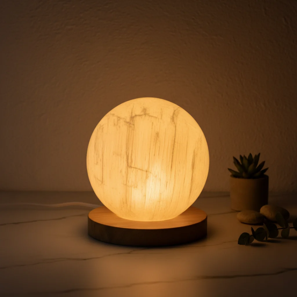 Lampe Sélénite Sphère Gemska, accessoire bien-être en pierre naturelle nuit