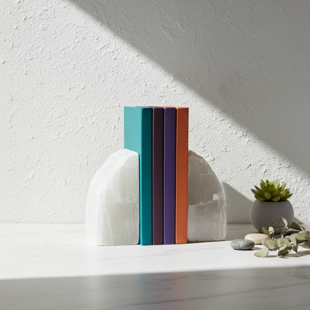 Serre-Livres Sélénite Gemska, accessoire bien-être en pierre naturelle.