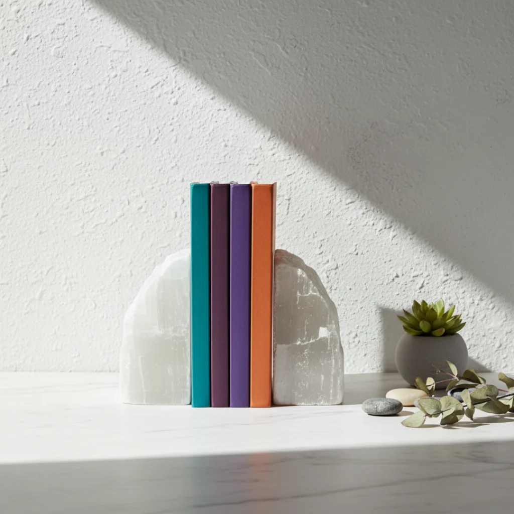 Serre-Livres Sélénite Gemska, accessoire bien-être en pierre naturelle.