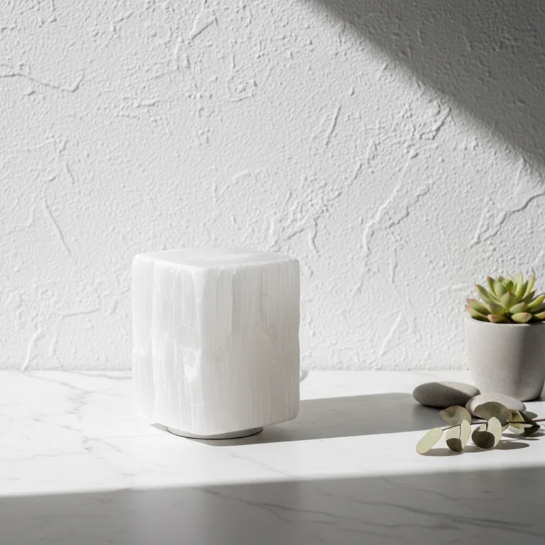 Lampe cube Sélénite Gemska, diffuseur de lumière douce sur marbre