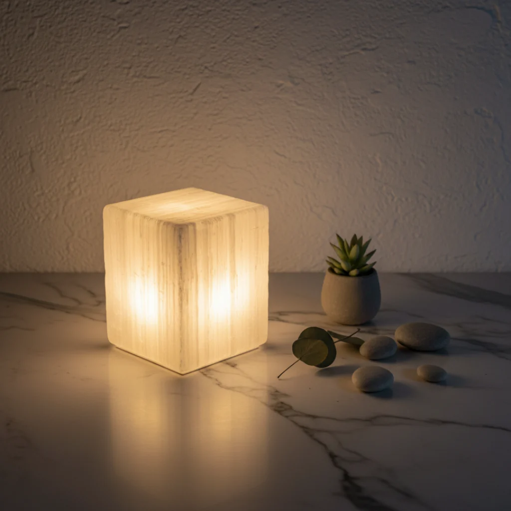 Lampe cube Sélénite Gemska, diffuseur de lumière douce sur marbre