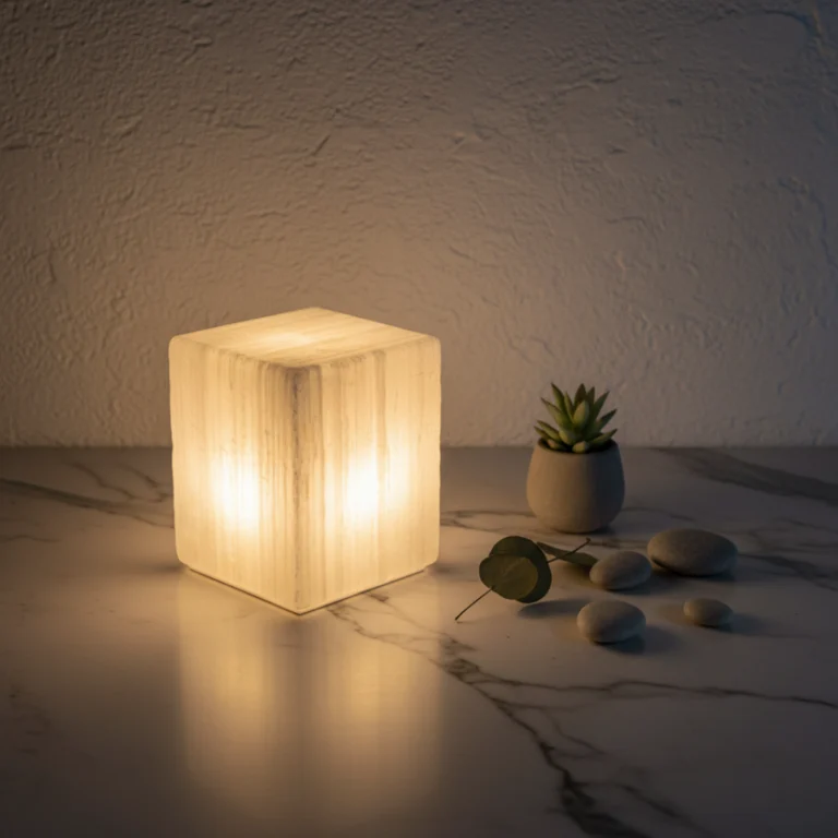 Lampe cube Sélénite Gemska, diffuseur de lumière douce sur marbre