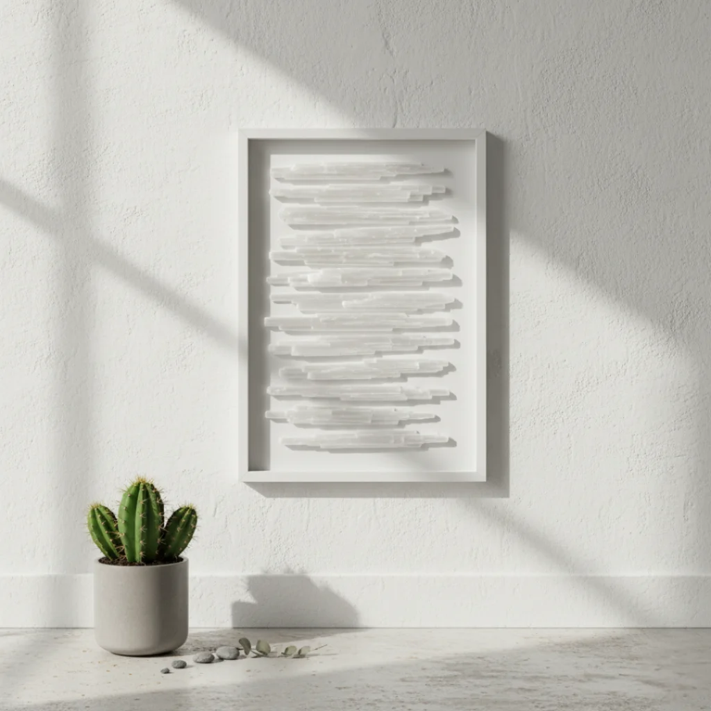 Tableau Sélénite blanche Gemska, art mural minéral sur mur blanc texturé.