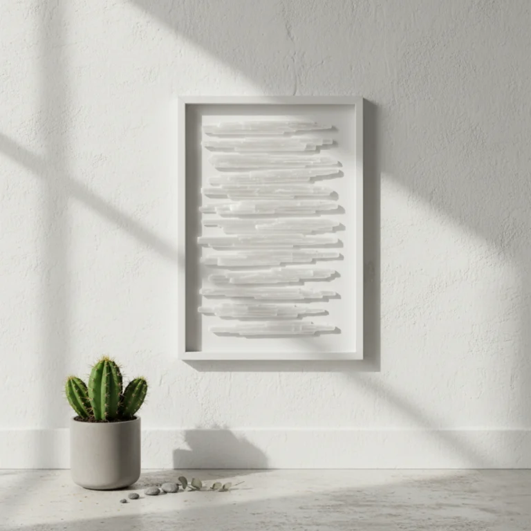 Tableau Sélénite blanche Gemska, art mural minéral sur mur blanc texturé.