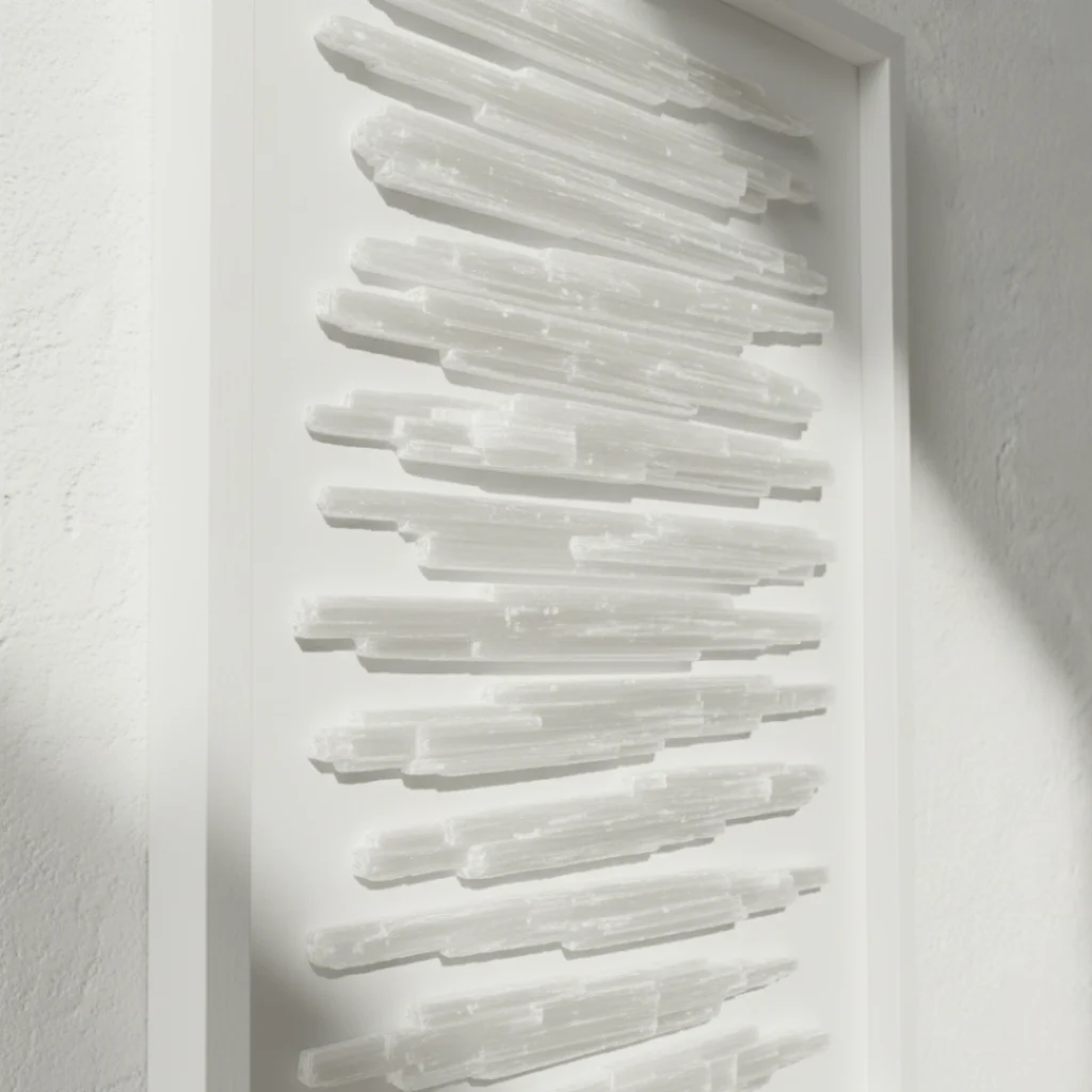 Tableau Sélénite blanche Gemska, art mural minéral sur mur blanc texturé.