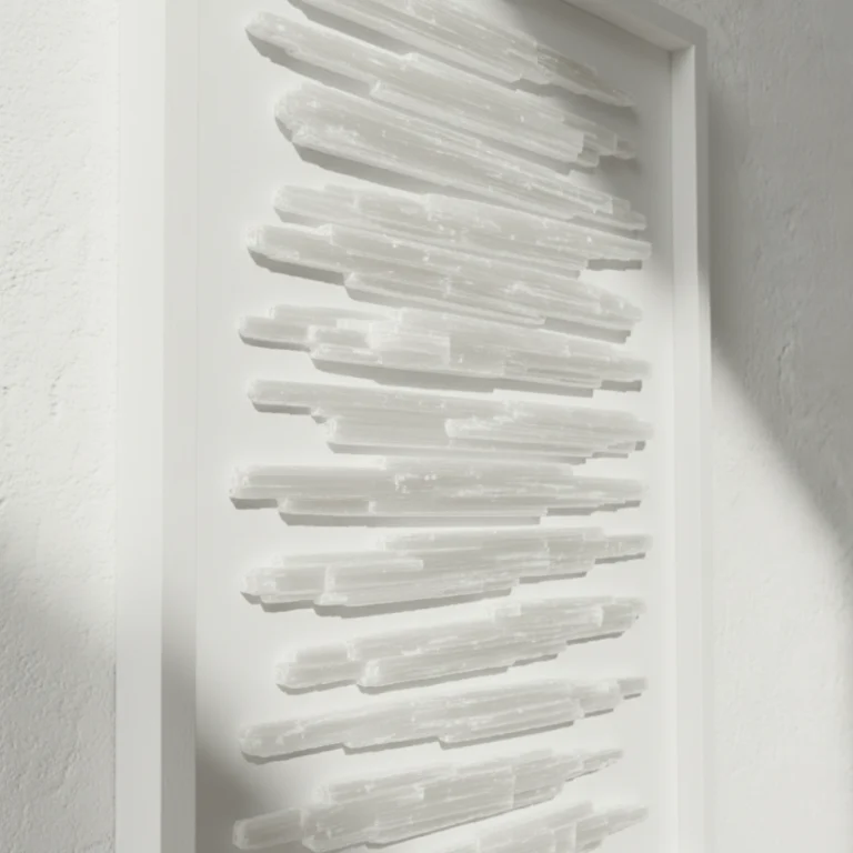 Tableau Sélénite blanche Gemska, art mural minéral sur mur blanc texturé.