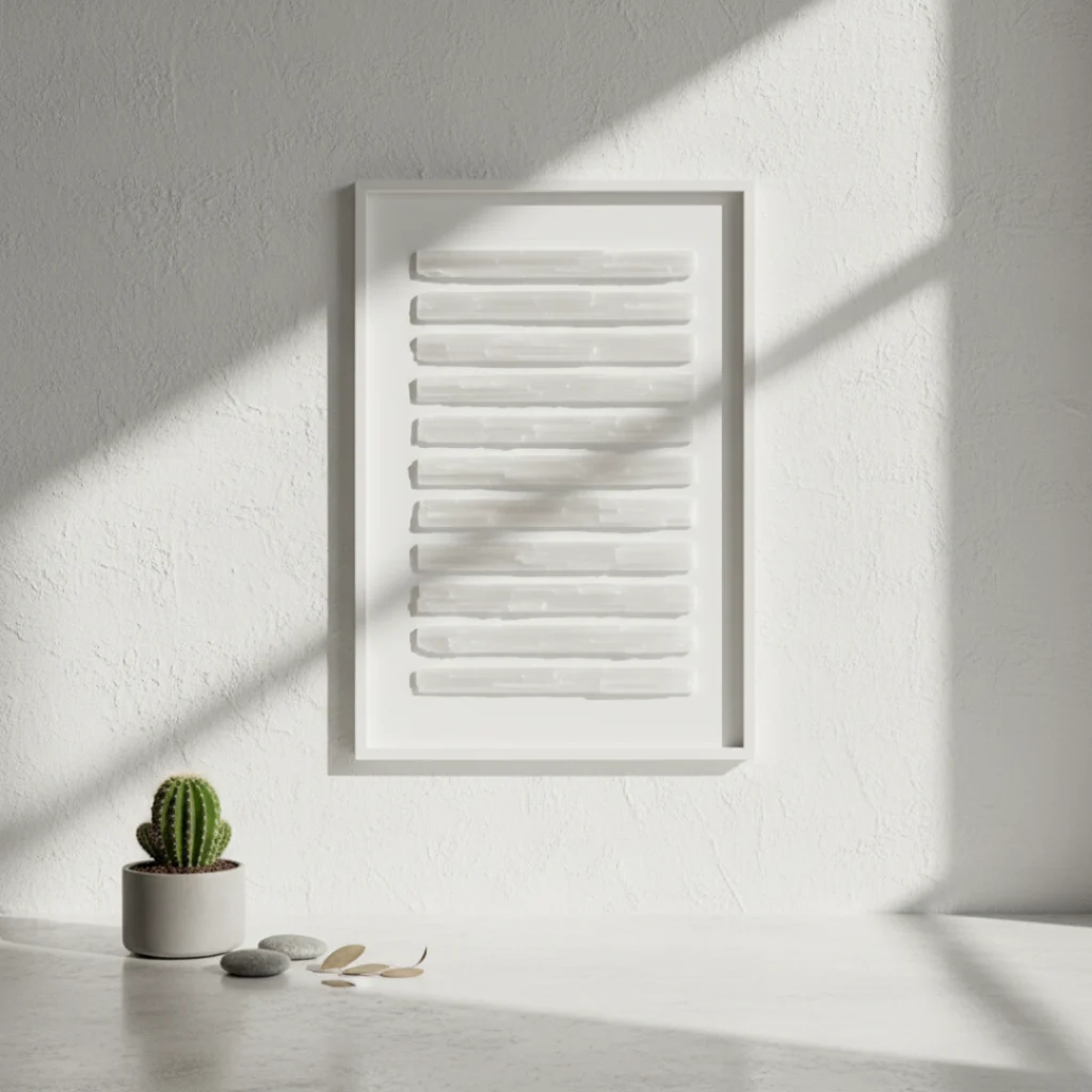 Tableau Sélénite blanche Gemska, art mural minéral sur mur blanc texturé.