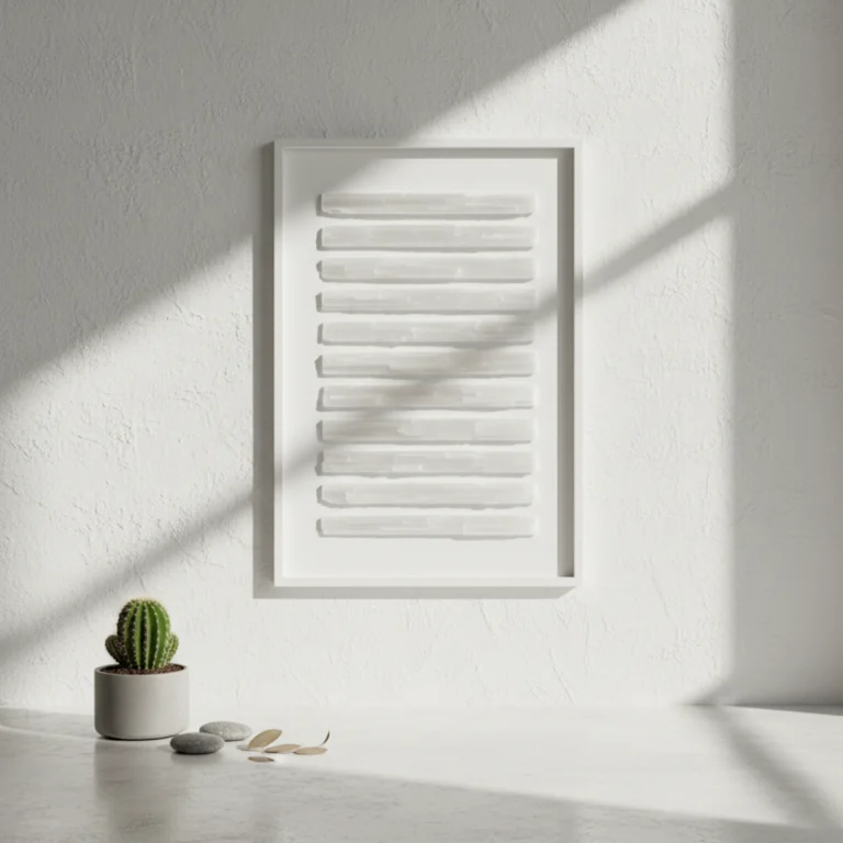 Tableau Sélénite blanche Gemska, art mural minéral sur mur blanc texturé.