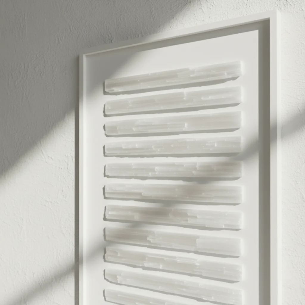 Tableau Sélénite blanche Gemska, art mural minéral sur mur blanc texturé.