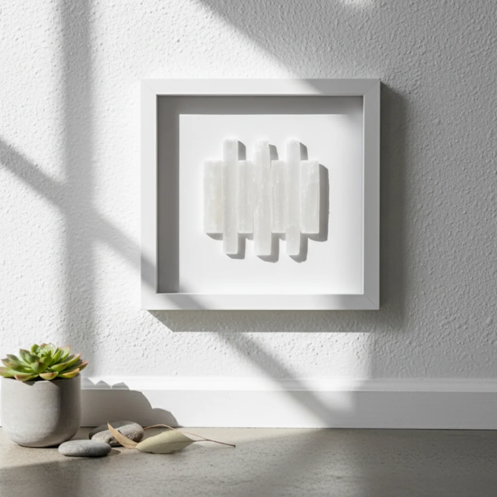 Tableau Sélénite blanche Gemska, art mural minéral sur mur blanc texturé.