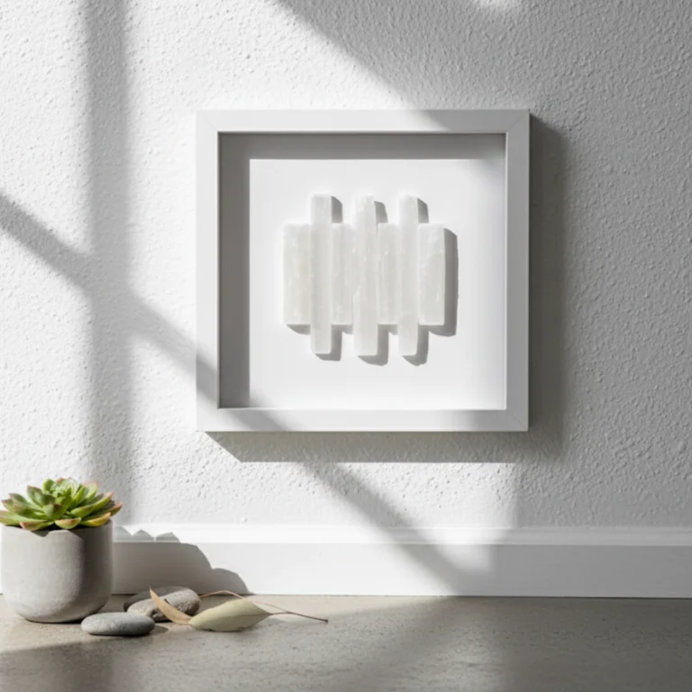 Tableau Sélénite blanche Gemska, art mural minéral sur mur blanc texturé.