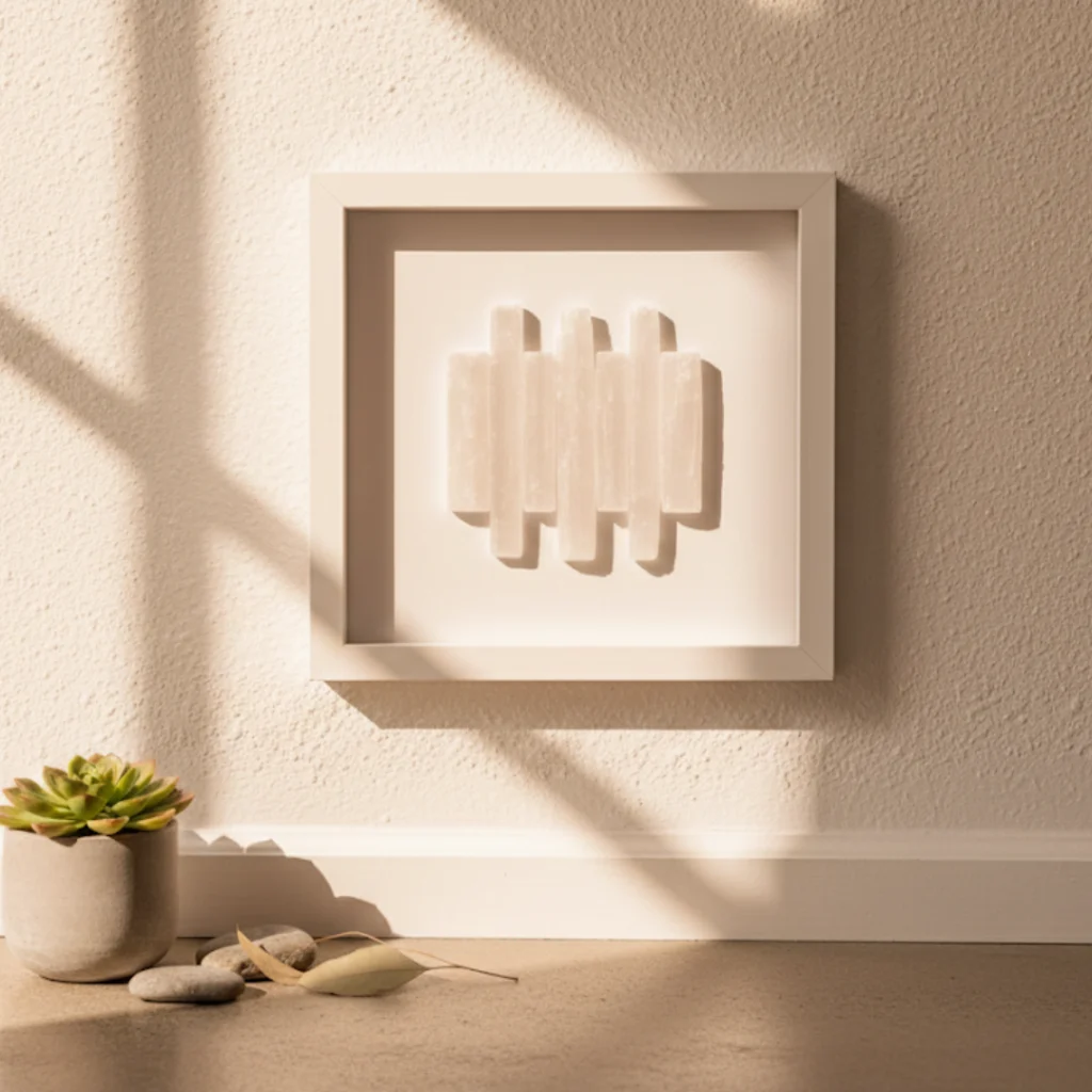 Tableau Sélénite blanche Gemska, art mural minéral sur mur blanc texturé.