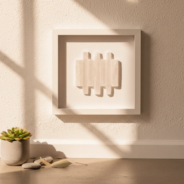 Tableau Sélénite blanche Gemska, art mural minéral sur mur blanc texturé.